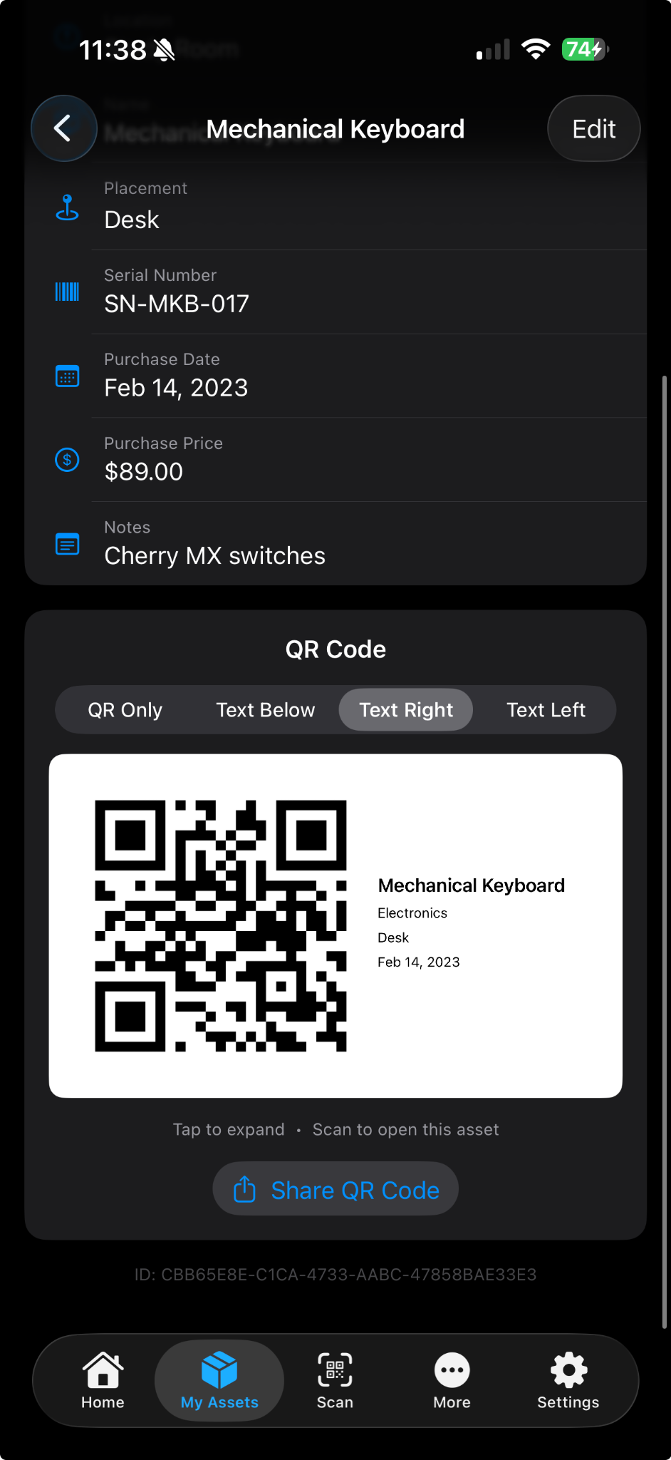 QR code and asset details